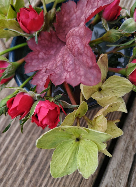 close-up of rosebuds, hellebore flowers, and a heuchera leaf for In a Vase on Monday
