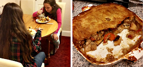 My two girls sat around the table eating their tea and half a meat and vegetable pie.