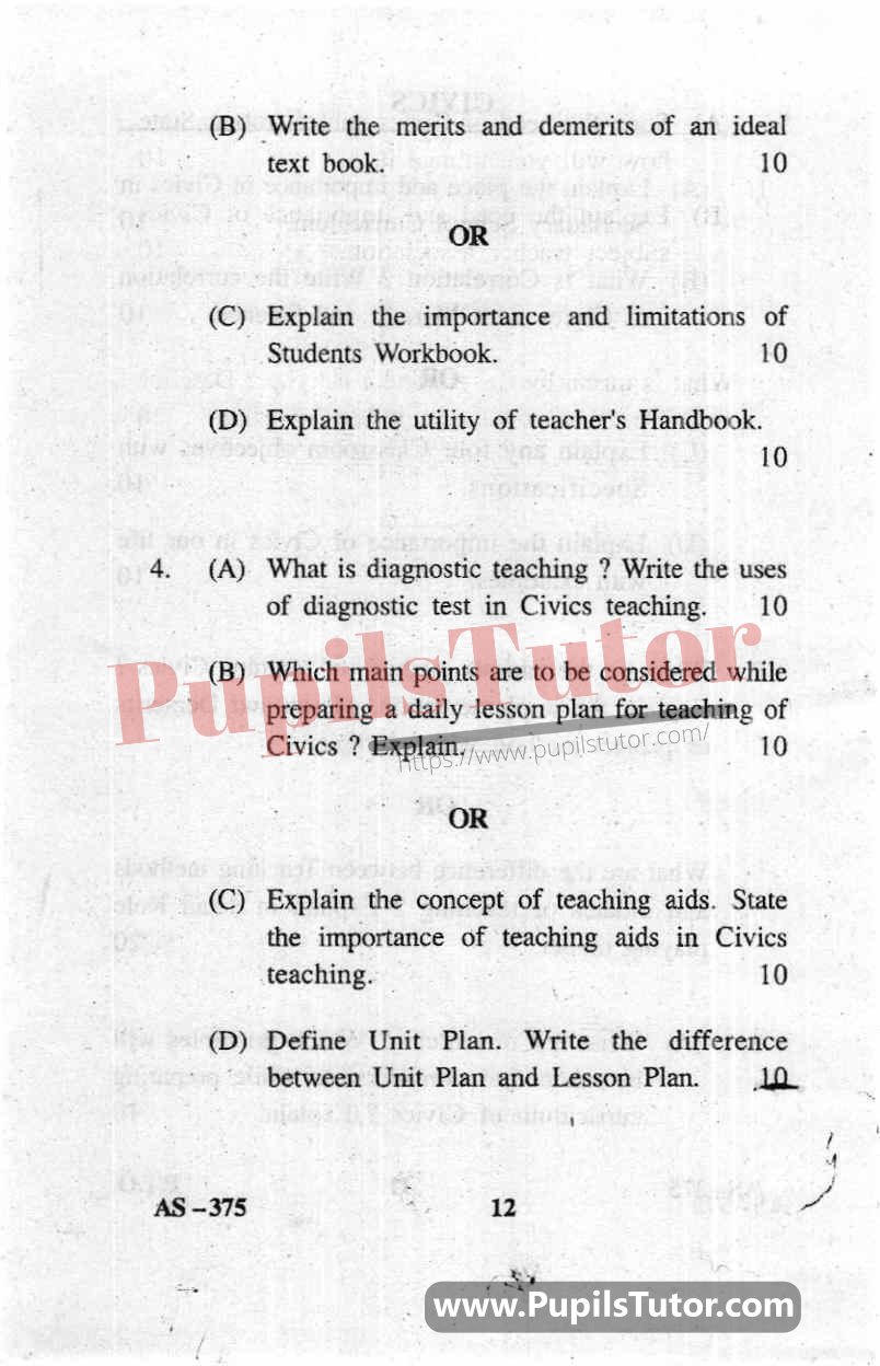Teaching Of Civics Question Paper In English