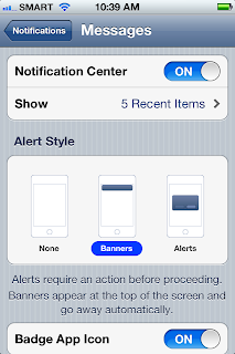 The iPhone 4S Notification Center settings for Messages app.