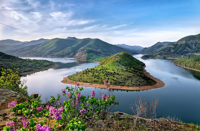 Green Mountain Surrounded by Body of Water HD Wallpaper Green Mountain Surrounded by Body of Water HD Wallpaper