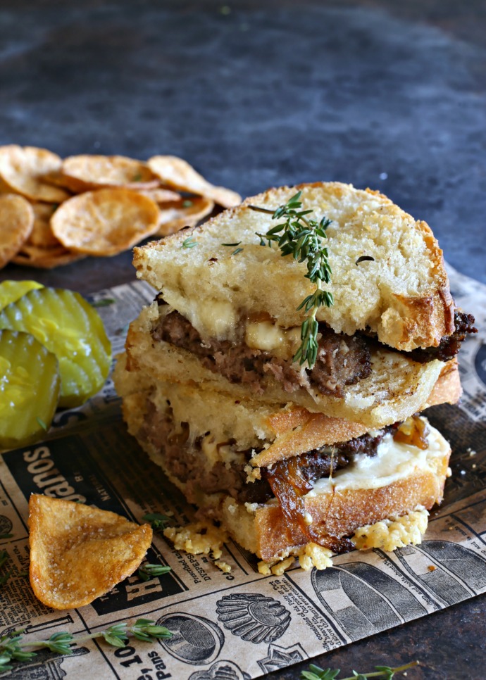 Grilled beef and Gruyere sandwich melts with caramelized onions