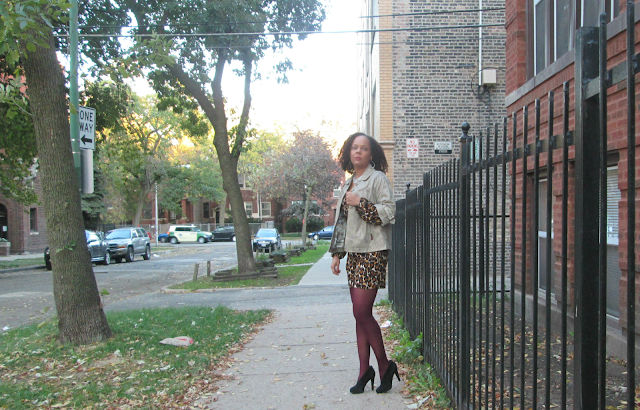 thrift style with Cynthia Steffe black leather jacket and Akira silk dress