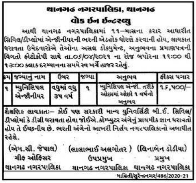 Thangadh Nagarpalika Recruitment for Municipal Engineer Post 2021