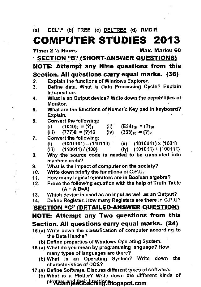 Adamjee Coaching IX Computer Studies Past Year Paper 2013