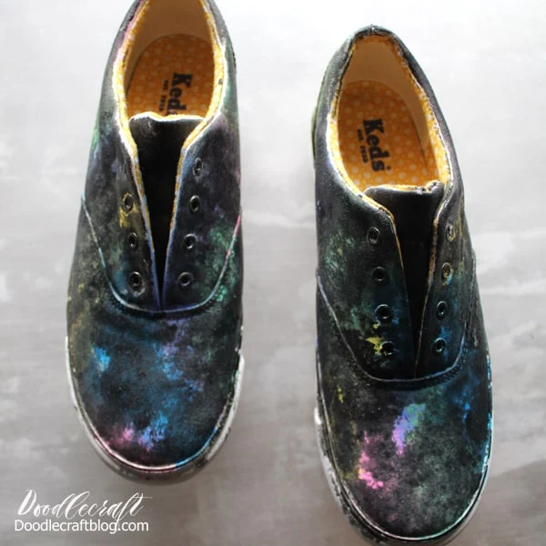 Upcycle plain white keds into shoes that are out of this world galaxy painted shoes