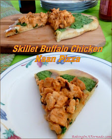 Skillet Buffalo Chicken Naan Pizza is a quick and easy one pan lunch or dinner that marries buffalo chicken, pizza and more. | Recipe developed by www.BakingInATornado.com | #recipe #cook