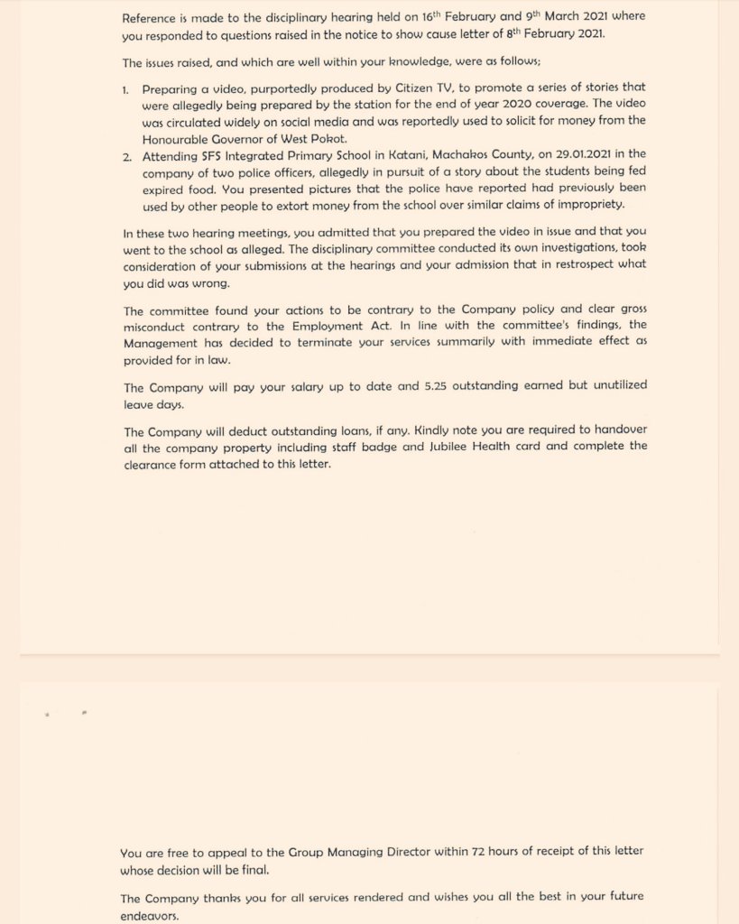 Makori Ongechi termination letter Makori Ongechi termination letter