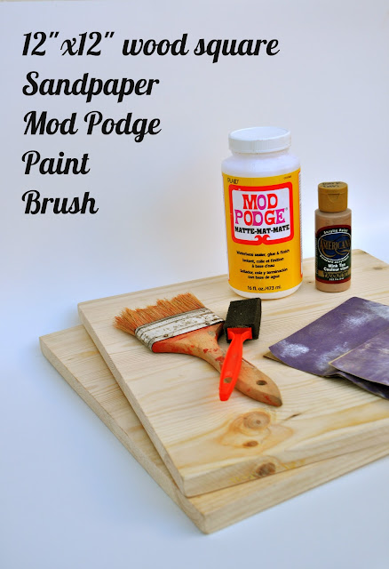 wood squares, paintbrushes, paint, and Mod Podge