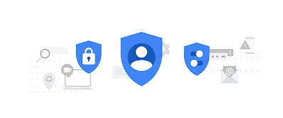 Ilustración de 3 escudos azules en primer plano, con íconos grises de búsqueda, email, ubicación, llamadas, contraseñas y seguridad de fondo.
