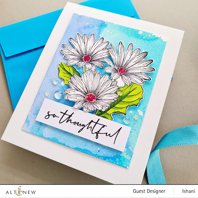 White Daisy card, Altenew Paint a flower - African Daisy, Daisy card, CAS floral card, watercolored background daisies, Copic colored white daisies, Ink smooshing, Guest designer Ishani, Altenew floral stamps, Quillish