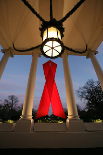 Dünya AIDS Günü için Beyaz Saray'ın kuzey portikosundaki sütunlar arasında büyük bir kırmızı kurdele asılı, 30 Kasım 2007