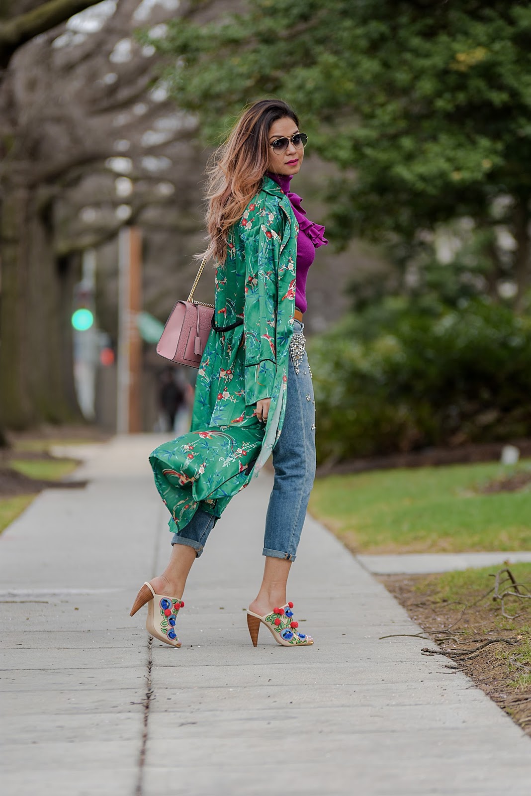 HOW TO wear a kimono without looking like you rolled out of bed, green kimono with embellished boyfriend jeans, dc blogger, style, fashion, street style, ruffled sweater, pom pom heels, gucci p;ink marmont bag, ray ban , myriad musings HOW TO wear a kimono without looking like you rolled out of bed, green kimono with embellished boyfriend jeans, dc blogger, style, fashion, street style, ruffled sweater, pom pom heels, gucci p;ink marmont bag, ray ban , myriad musings