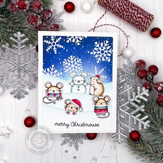 Sunny Studio Stamps: Lacy Snowflake Die Christmas Critters Merry Mice Slimline Die Winter Christmas Card by Julia Englich