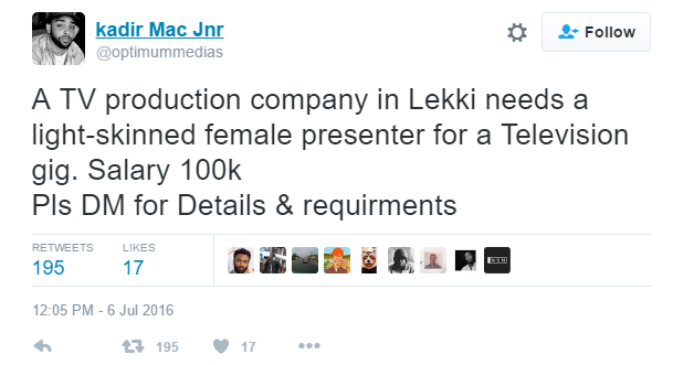 Nigerians attack TV company in Lekki after they asked for light skinned girls ONLY in job ad 1