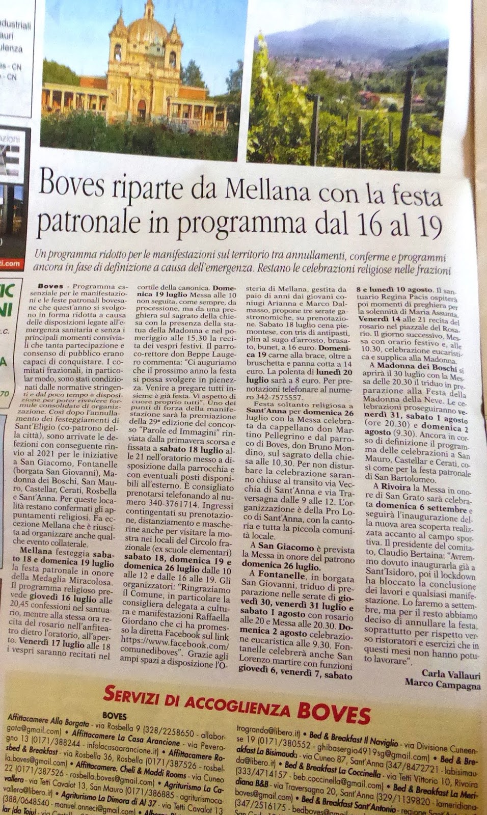 Festeggiamenti Mellana di Boves La Guida Cuneo 16 luglio 2020