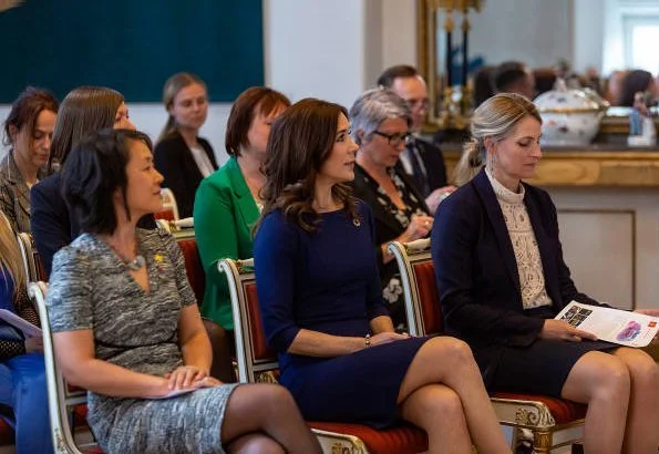 Crown Princess Mary wore Prada dress, Prada nnude pointed toe pumps and she carried Prada saffiano bag