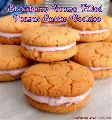 Blackberry Creme Filled Peanut Butter Cookies, peanut butter and jelly meets a fluffernutter in an addicting cookie. | Recipe developed by www.BakingInATornado.com | #recipe #cookies