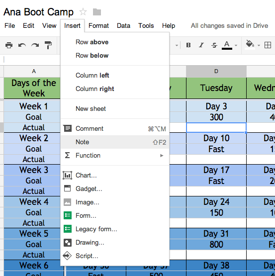 Mademoiselle Mia Diets Ana Boot Camp Spreadsheet