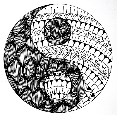 This is a drawing of a yin and yang symbol. On one side is a zentangle with doodles and on the other side a mandala
