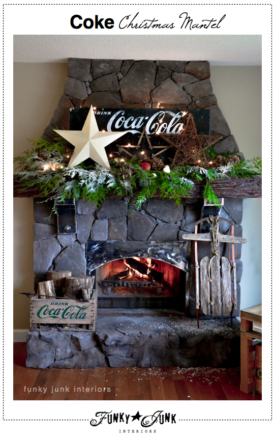 Coca Cola inspirado chimenea chimenea de decoración de Navidad con las estrellas - a través de Interiores Funky Junk