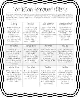 Need ideas to spice up your nightly reading homework? These fiction and nonfiction menus are a great way to reinforce your literacy lessons at home. Easy to prep- all you need is a folder or notebook for each child and you are ready to get started! These are great for use in classroom centers as well. Includes examples for each activity and a rubric! Need ideas to spice up your nightly reading homework? These fiction and nonfiction menus are a great way to reinforce your literacy lessons at home. Easy to prep- all you need is a folder or notebook for each child and you are ready to get started! These are great for use in classroom centers as well. Includes examples for each activity and a rubric!
