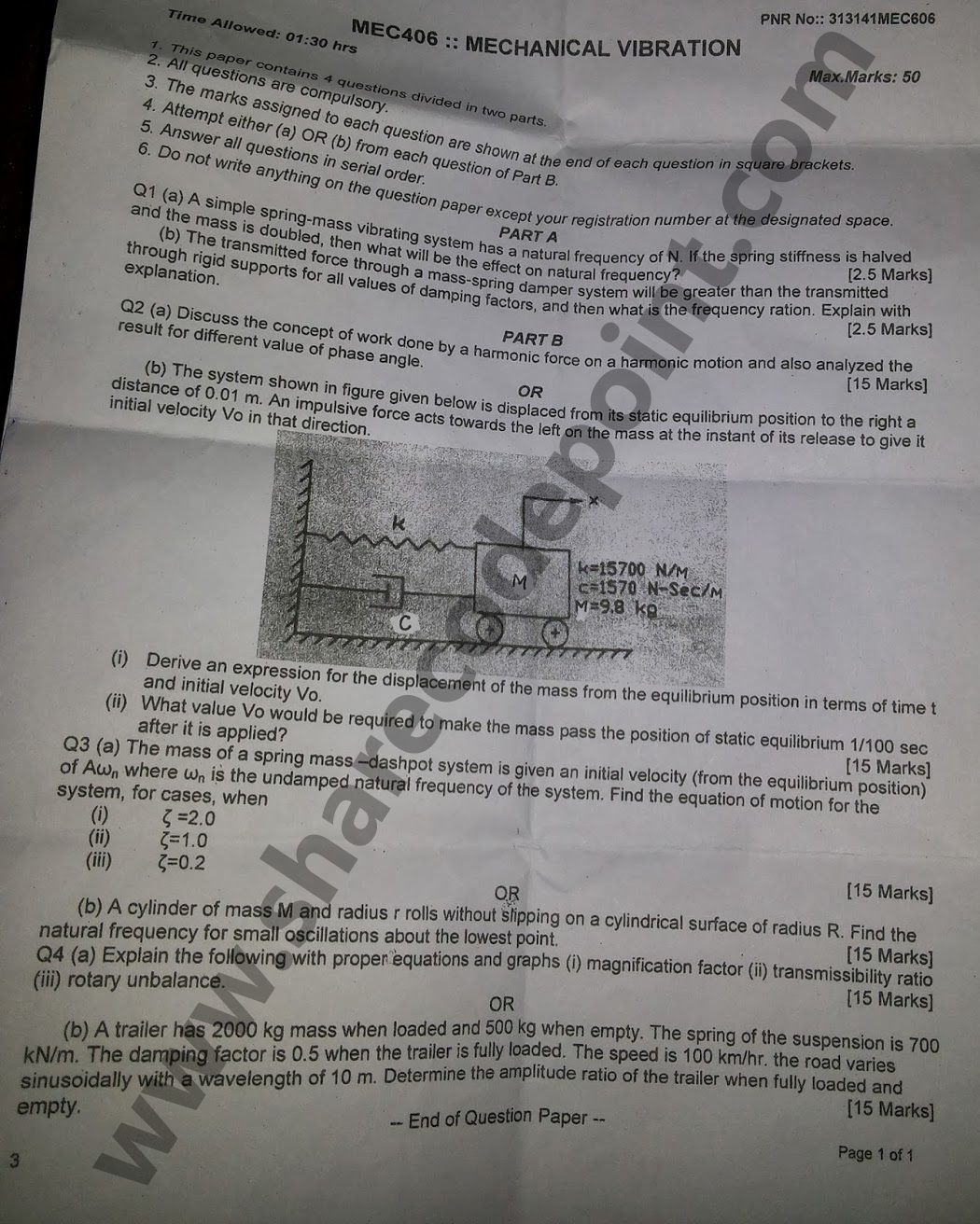 MEC406 Mechanical Vibration Mid Term Exam Question Paper MEC 406