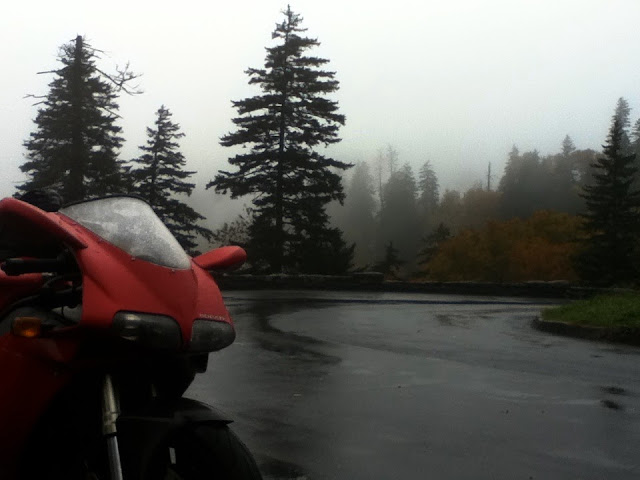 Ducati in the fog of the Great Smoky Mountains