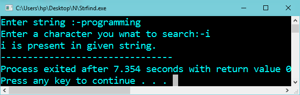 Program in C++ to find a given character in given string