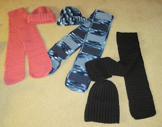 3 crocheted hats and scarves