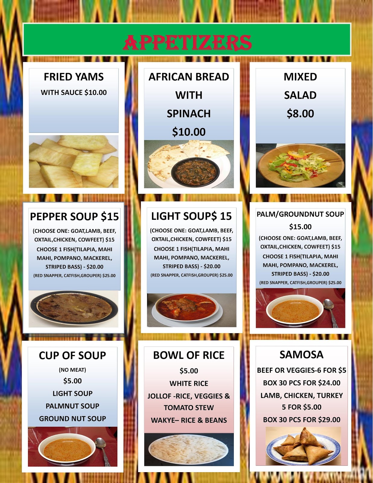 Owner african grill and bar menu 2017