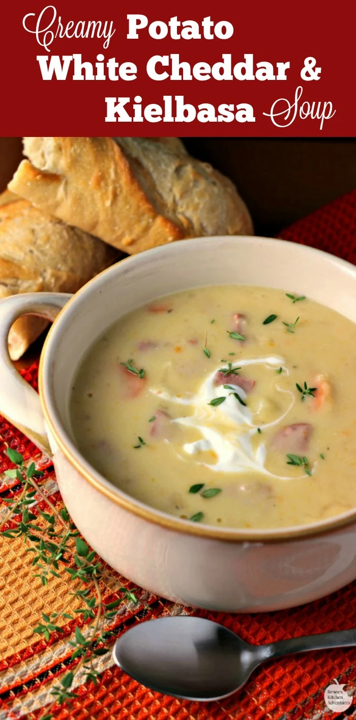 Creamy Potato, White Cheddar, and Kielbasa Soup | by Renee's Kitchen Adventures - msg 4 21+ Easy, hearty soup recipe perfect for the cooler weather!  A taste of old world Oktoberfest #OktoberfestontheFarm ad