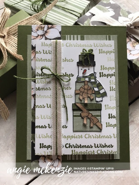 By Angie McKenzie for 3rd Thursdays Blog Hop; Click READ or VISIT to go to my blog for details! Featuring: my favorite new Christmas stamp set in the Stampin' Up! Annual Catalog,  Lots of Cheer Stamp Set, Magnolia Lane DSP, Come Sail Away DSP, Pressed Petals Specialty DSP, Perfect Parcels dies; #lotsofcheerstampset #christmasinjuly #perfectparceldies  #stampinupdsp  #magnolialanedsp #comesailawaydsp #paperpiecing #cardtechniques #bloghops #3dprojects #ilovesnowmen #magnolialaneribboncombo