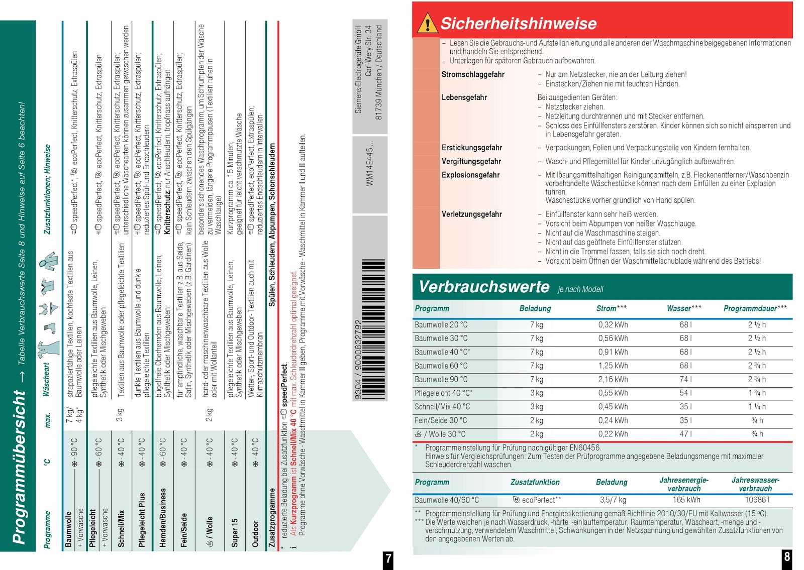 Bedienungsanleitung Siemens iQ300 WM14E425 iSensoric Waschmaschine