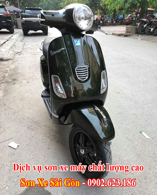 Mẫu sơn xe Vespa LX màu xanh rêu bóng cực đẹp