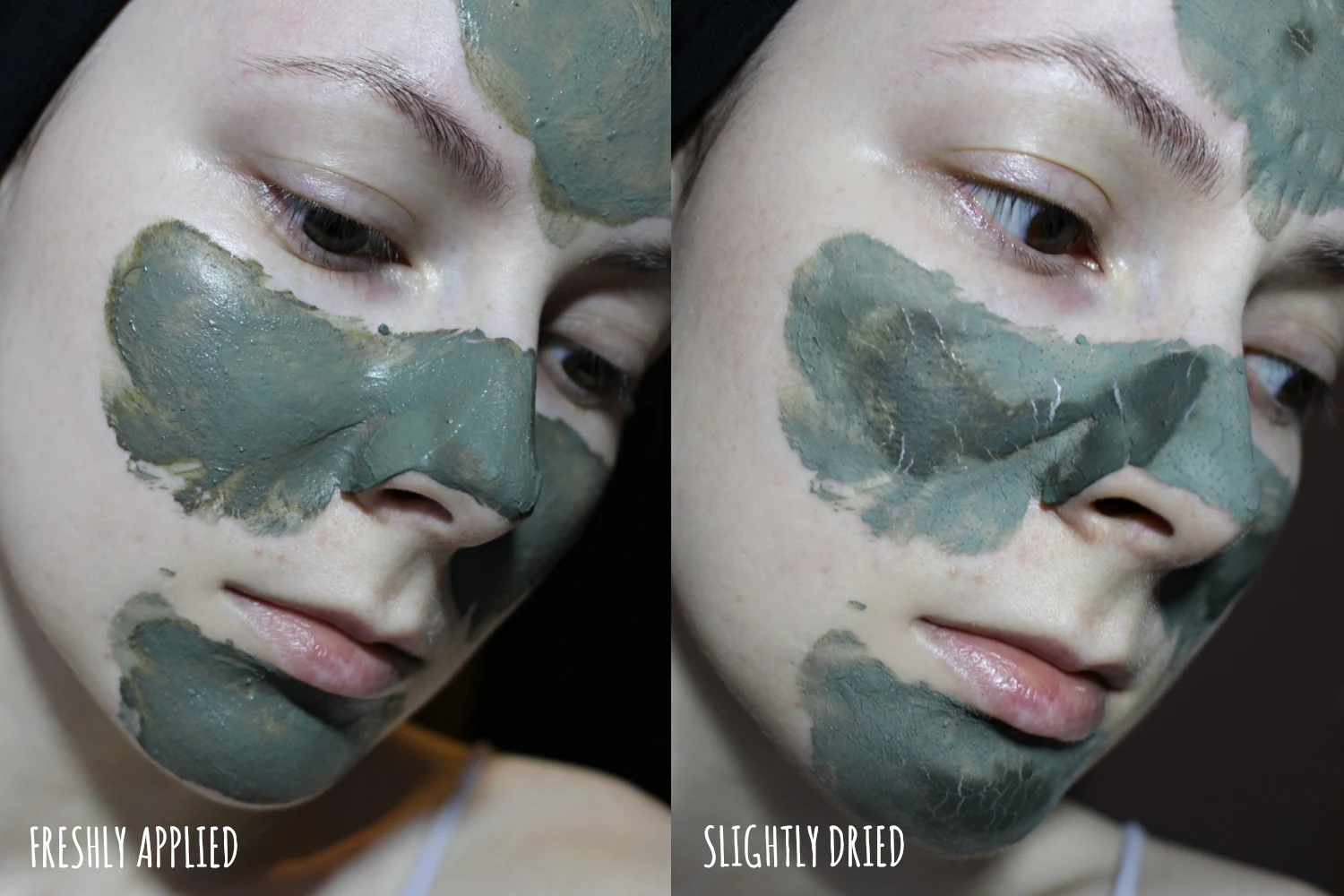 Liz Breygel demonstrates the effect of green clay mask on her skin