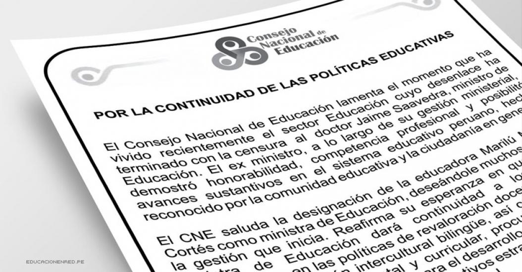 PRONUNCIAMIENTO CNE: «Por la Continuidad de las Políticas Educativas» www.cne.gob.pe