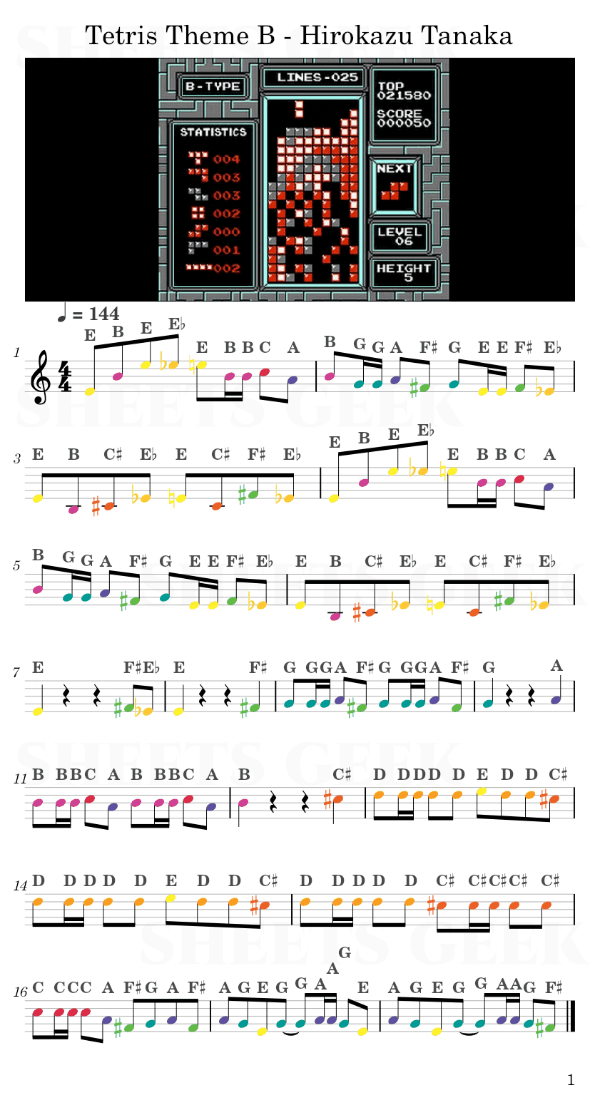 Tetris Theme B - Hirokazu Tanaka Easy Sheet Music Free for piano, keyboard, flute, violin, sax, cello page 1