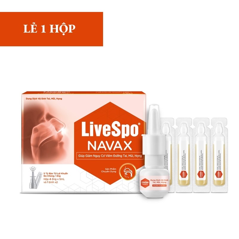 LiveSpo Navax xịt bào tử lợi khuẩn phòng ngừa và giảm viêm nhiễm tai, mũi, họng (Hộp 4 ống x 5ml kèm bình xịt)