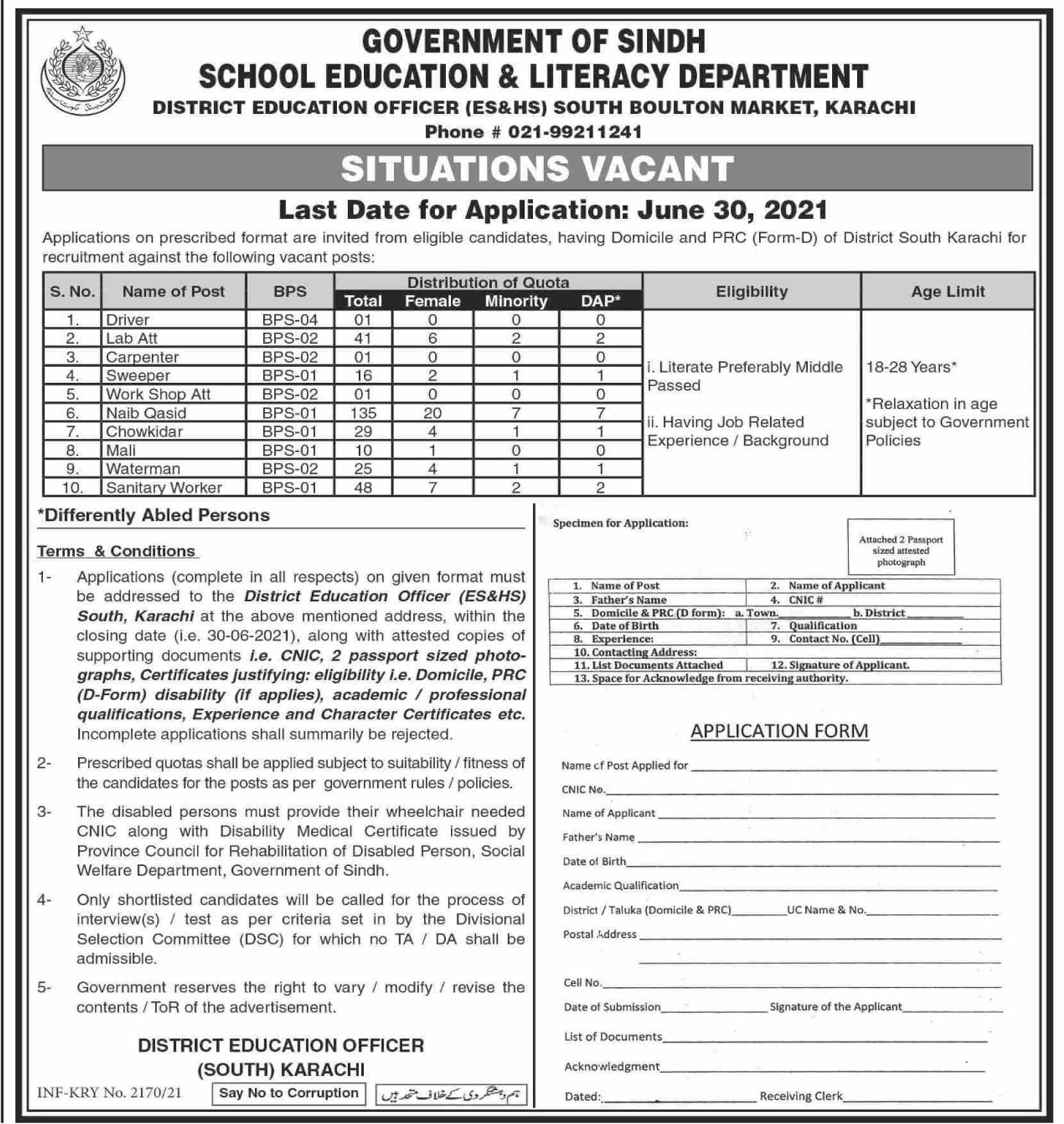 School Education & Literacy Department South Boultan Market Karachi Jobs 2021