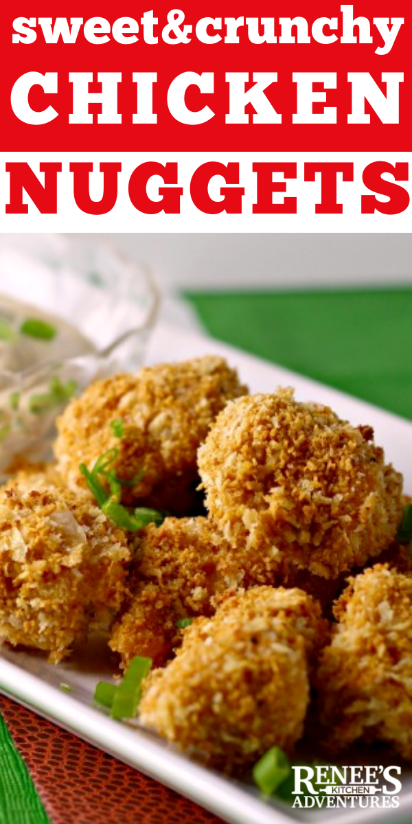 Sweet n' Crunchy Chicken Nuggets w/Spicy Mustard Dip | Renee's Kitchen Adventures recipe for baked chicken nuggets that are sweet and crunchy and served with a spicy mustard dip. Perfect for game day or anytime you want a chicken nugget snack! Kid friendly without the spicy mustard dip! Healthy because they are baked,not fried and contain only whole chicken breast! #chicken #chickennuggets #homemadechickennuggets