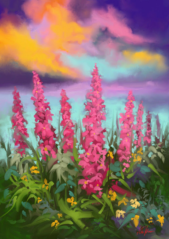 Flowers at sunset digital landscape painting by Mikko Tyllinen