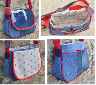 Sac Besace en jeans recyclés monté façon patchwork, intérieur coton étoiles rouges, passepoil (fait-maison) rouge vif, deux poches en soufflet devant, biais rouge sur le rabat, entièrement doublé pour le rendre semi-rigide, anse coton rouge surpiqué avec des morceaux de jeans, boucles couleur laiton. Dimensions : 24 x 18 x 7 cm environ.  Les jeans portés recyclés parfois délavés par le temps apportent cette "petite chose en plus" à cette pièce unique