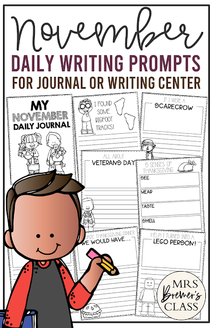 November writing prompt templates for daily journal writing or a writing center in Kindergarten First Grade Second Grade