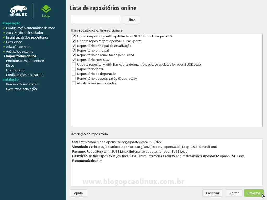 Será exibido uma lista com os repositórios oficiais do openSUSE Leap