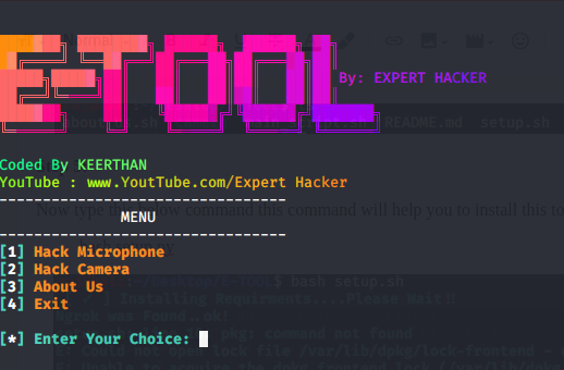 Etool termux tool hack android camera and mic