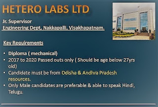 Diploma Holders Jobs Vacancy For  Supervisor Post in Hetero Labs Ltd Visakhapatnam, Andhra Pradesh