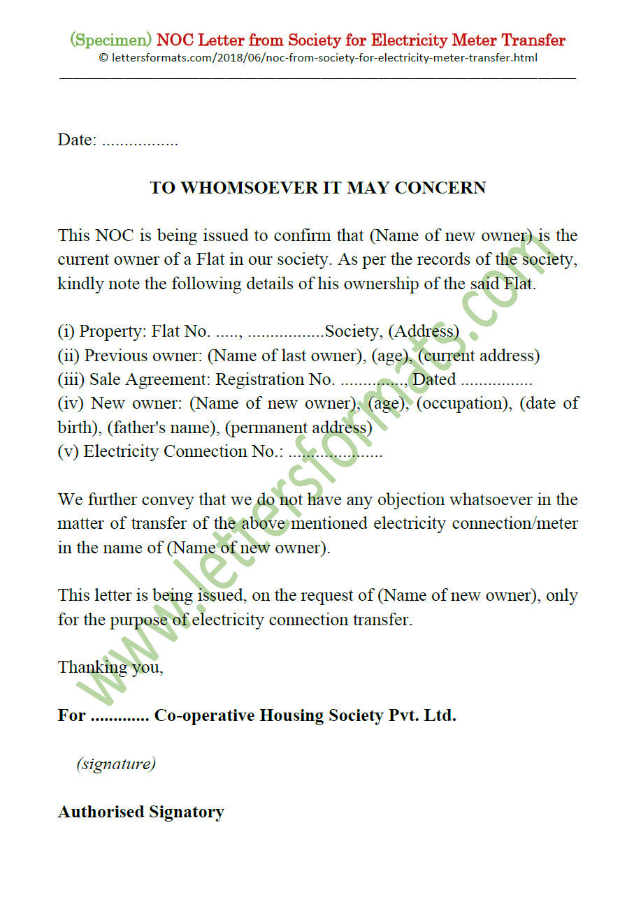 NOC Letter Format from Society for Electricity Meter Transfer