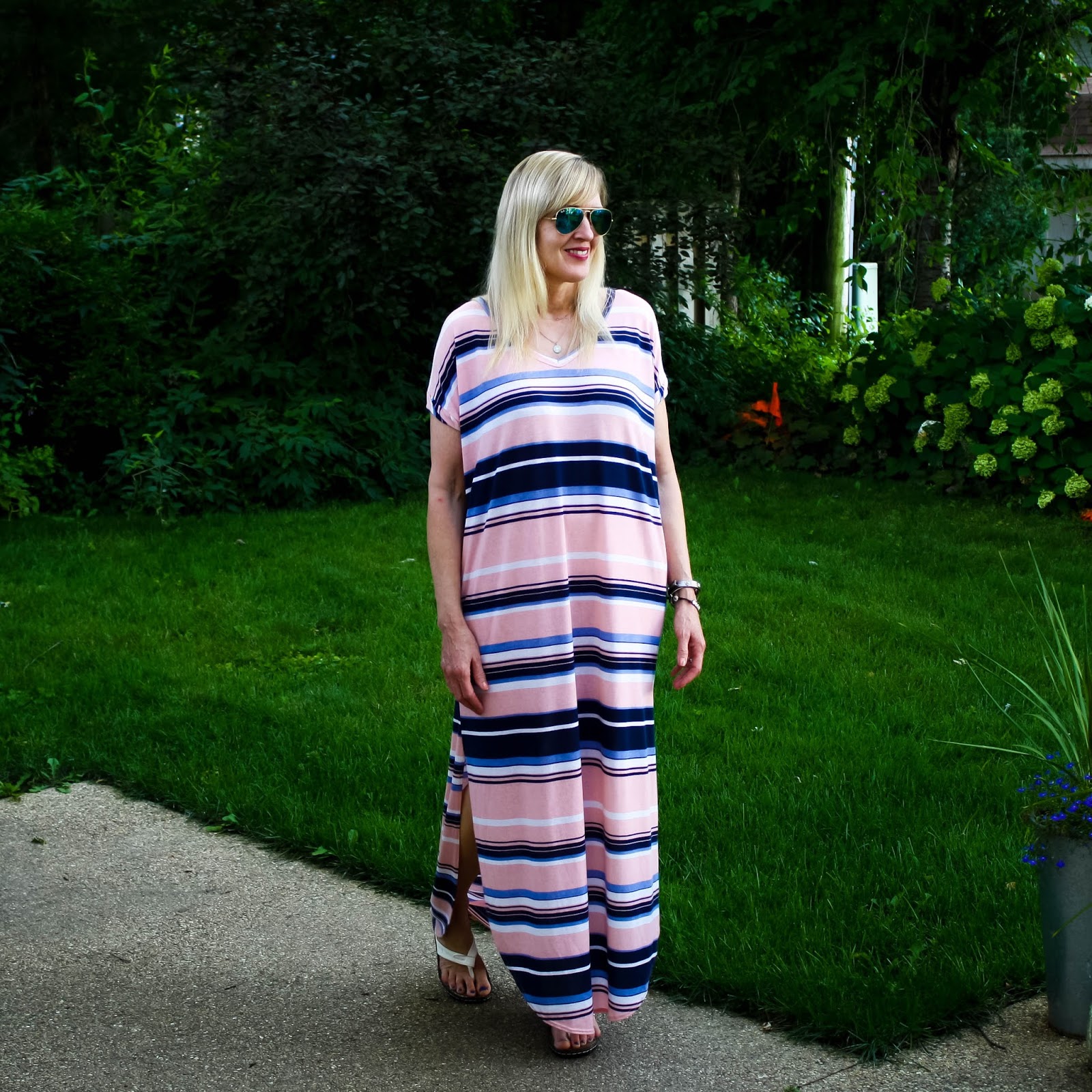 Blush and Navy Striped Maxi Dress