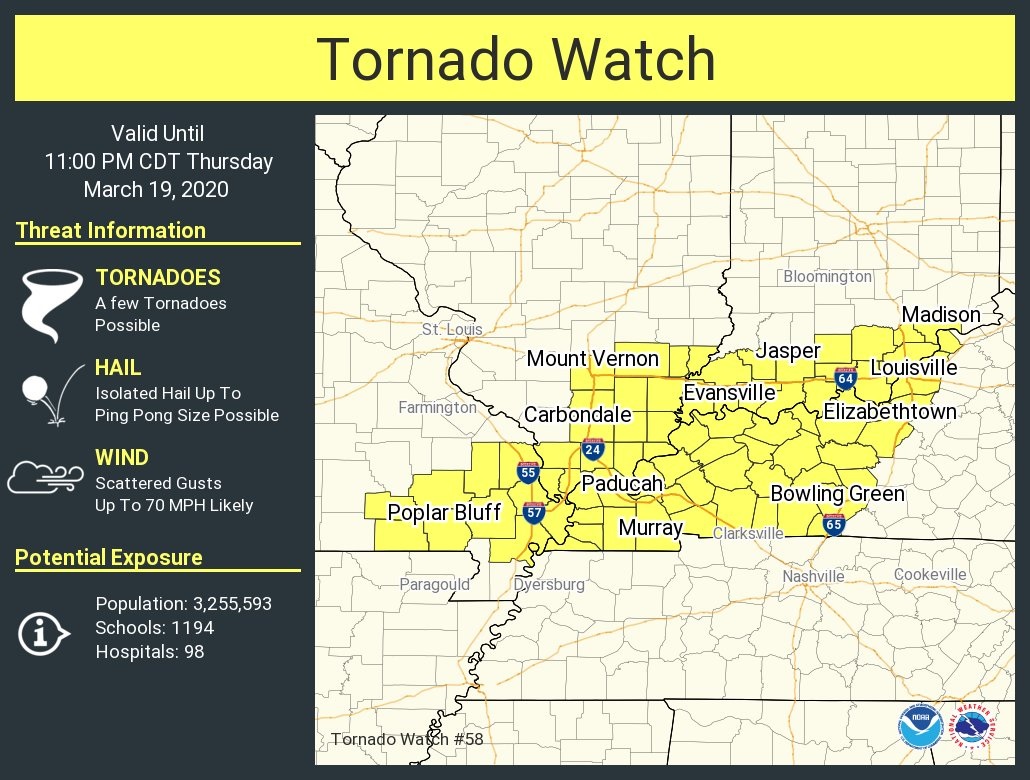 GeoFact of the Day 3/19/2019 IL, IN, KY, and MO Tornado Watch